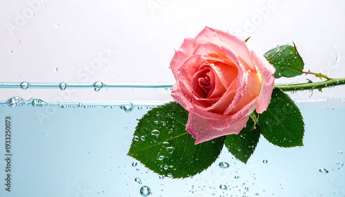 A delicate pink rose, partially submerged in clear blue water, with droplets clinging to its petals and leaves