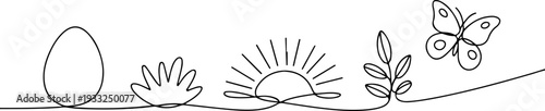 Easter egg, flower, sunrise, leaves, butterfly on hill at sunrise continuous line art illustration