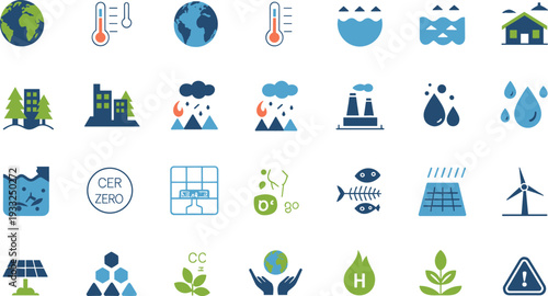 Environmental sustainability icon set, climate change symbols, renewable energy graphics, eco-friendly resources, pollution awareness, conservation elements, green technology vector design