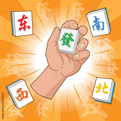 A radiant orange backdrop highlights a hand holding the green FA(prosperity) Mahjong tile, surrounded by colorful wind tiles — East, South, West, and North.