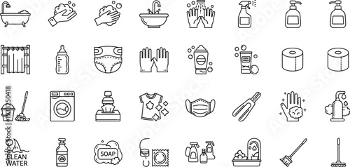 hygiene icons, sanitation symbols, cleaning tools, health safety graphics, soap dispenser visuals, handwashing elements, bathroom items, disinfectant illustrations, personal care, cleanliness 