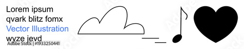 Creativity, emotions, art, weather, music minimalism. Features a cloud outline a musical note and a heart. Creativity and emotions concept. Line metaphor. Simple line icons