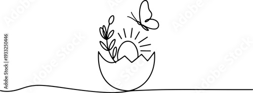 Simple line art illustration of a butterfly emerging from an eggshell with sprouting plants at sunrise on a horizon line