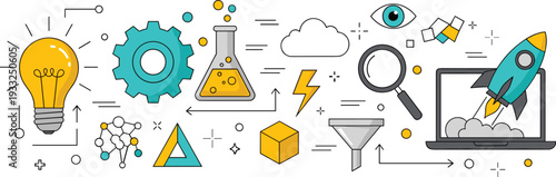 Innovation icons, science symbols, technology graphics, research elements, startup concept, creative workflow, engineering visuals, data analysis, cloud computing, discovery process