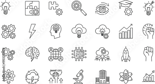 Innovation icons, technology design, education research, sustainable idea, teamwork collaboration, global networking, scientific research, startup rocket, smart city, progress