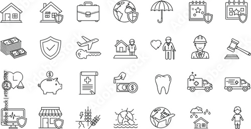 insurance icons, finance symbols, healthcare graphics, legal visuals, environmental elements, protection tools, safety illustrations, policy icons, medical support, risk management