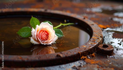 A delicate rose blooms atop a circular, rusted metal surface, reflecting in a pool of water, presenting a striking contrast