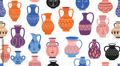Colorful Hand Drawn Mediterranean Ceramic Vases Pattern with Decorative Ancient Pottery and Folk Art Style Illustration