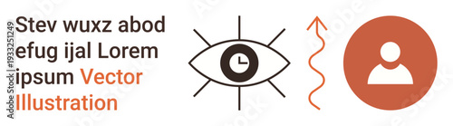 Time management, vision, productivity, growth, focus, user profile. Eye with clock, arrow and user symbol. Time management and vision concept through minimal icons