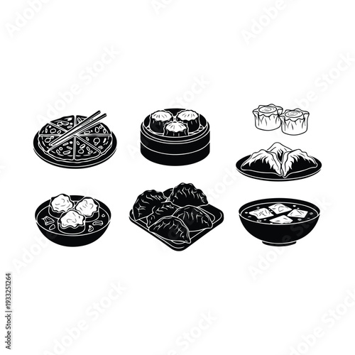 Black and white illustration of various asian dumplings and noodle dishes