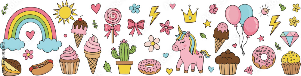 Naklejka premium Cute Kawaii Doodle Set with Rainbow Unicorn Sweets Balloons Hearts and Cartoon Fantasy Elements Vector Illustration