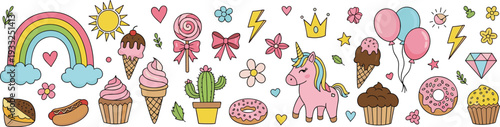 Cute Kawaii Doodle Set with Rainbow Unicorn Sweets Balloons Hearts and Cartoon Fantasy Elements Vector Illustration