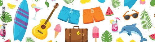 Summer Vacation Icons Set with Surfboard Guitar Cocktail Sunglasses Dolphin and Tropical Beach Elements Vector Illustration