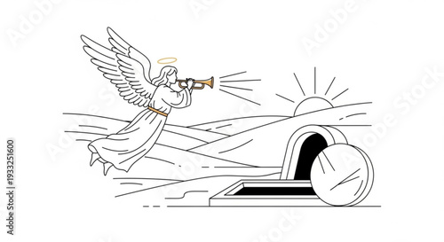 Angel blowing trumpet beside empty tomb on transparent background with sunrise