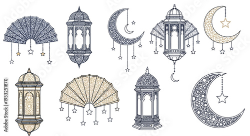 Set of 8 Ramadan lantern and moon icons vector