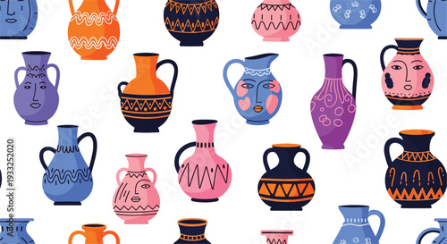 Colorful ceramic vase collection with decorative pottery jugs, hand drawn ornamental patterns and artistic folk style set