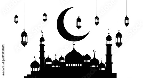 Vector silhouette of mosque with crescent moon and lanterns