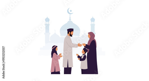 Vector illustration of Muslim family in front of mosque