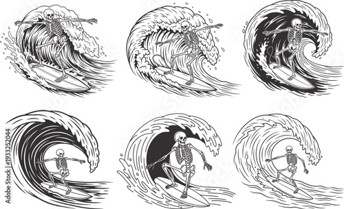 Summer surfing waves a series of six illustrations of ocean swells in motion during the warmest season