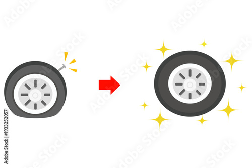 ネジが刺さったパンクタイヤと新品交換のビフォーアフターイラスト