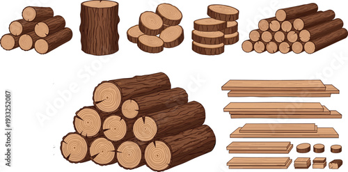 Wood log and lumber collection with stacked timber trunks, cut tree slices and wooden planks set