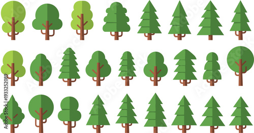 Flat green tree icon collection with deciduous and pine forest elements isolated vector set for landscape design