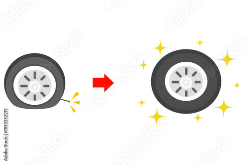 パンクしたタイヤと新品交換のビフォーアフターイラスト