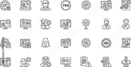 IT support, technical help, customer service, troubleshooting, FAQ, error, 404, gear, monitor, user, document, system, icon, symbol, assistance, configuration, alert, online, help desk, technology