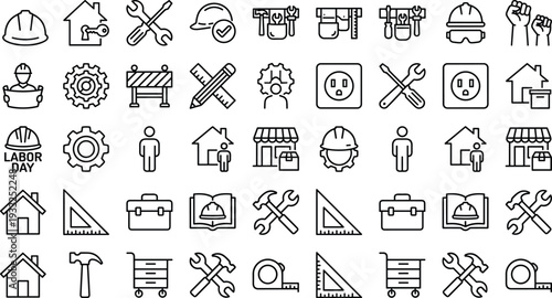 Labor icons, construction tools, worker symbols, engineering graphics, craftsmanship visuals, home repair elements, industrial signs, vector line set