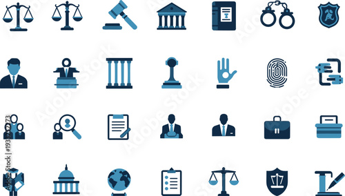 Law and justice icons set, legal court police security compliance attorney flat vector blue outline collection design pack