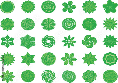 Green mandala ornament collection with floral geometric patterns, circular decorative elements and abstract symmetrical design set