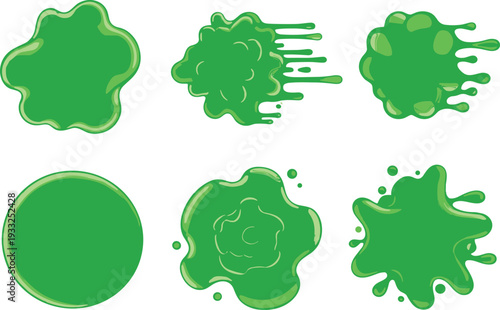 Green slime splatter collection with glossy liquid blobs, paint splashes and cartoon goo shapes isolated on white
