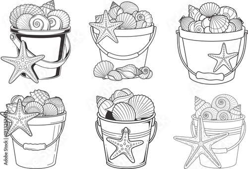 Summer beach buckets and starfish illustrations