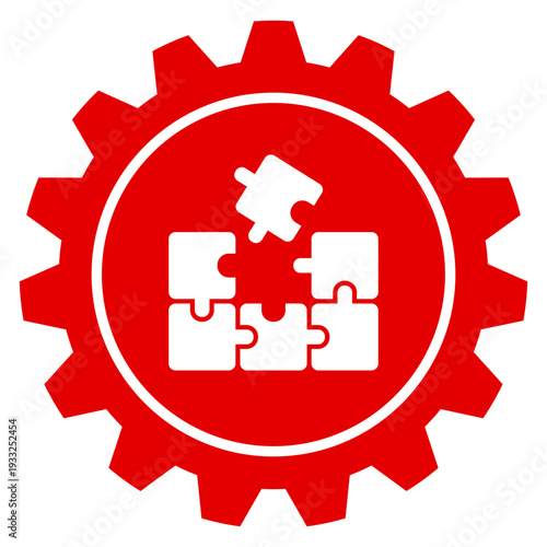 Rotes Zahnrad Symbol für Einstellungen und Konfiguration mit weißen Puzzleteilen als Grafik für Logistik Lösung transparent png Vektor Illustration