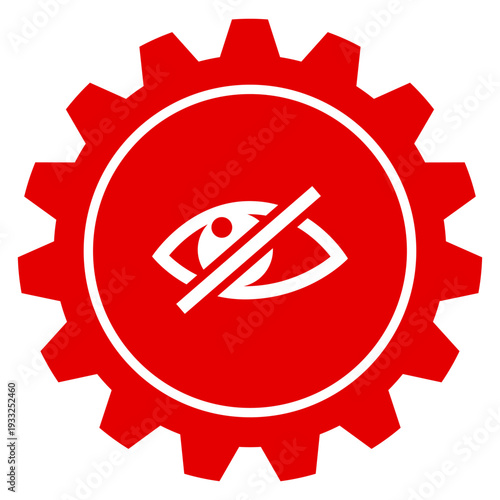 Rotes Zahnrad Symbol für Einstellungen und Privatsphäre mit weißem durchgestrichenem Auge als Grafik für Sicherheit transparent png Vektor Illustration