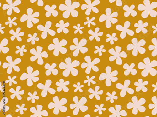 Seamless pattern of light pink abstract flowers a mustard yellow background floral