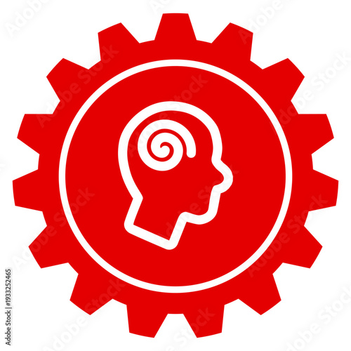 Rotes Zahnrad Symbol für Einstellungen und Psychologie mit weißem Kopf und Spirale als Grafik für Denken transparent png Vektor Illustration