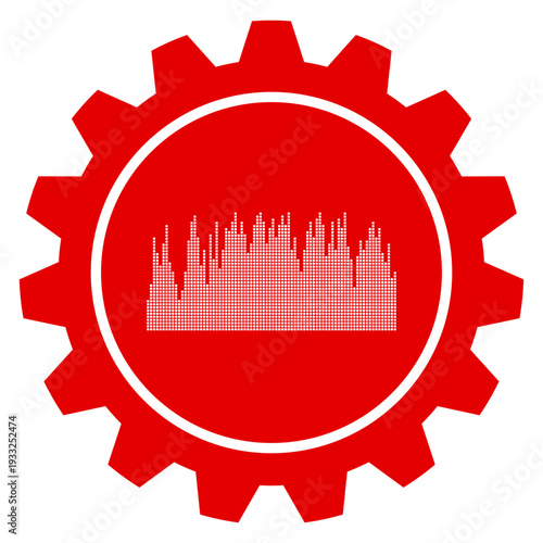 Rotes Zahnrad Symbol für Einstellungen und Datenanalyse mit weißem Wellen Diagramm als Grafik für Audio Frequenz transparent png Vektor Illustration