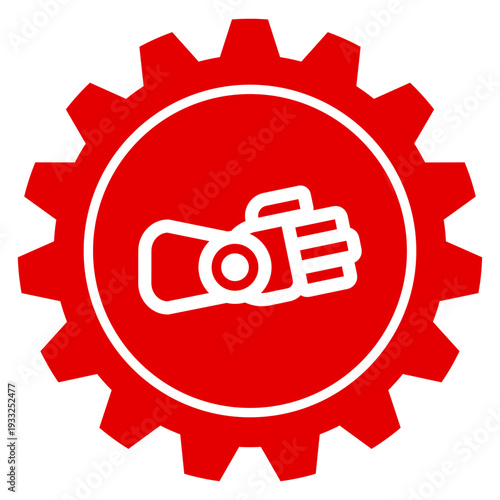 Rotes Zahnrad Symbol für Einstellungen und Robotik mit weißem Roboterarm als Grafik für Industrie Automatisierung transparent png Vektor Illustration