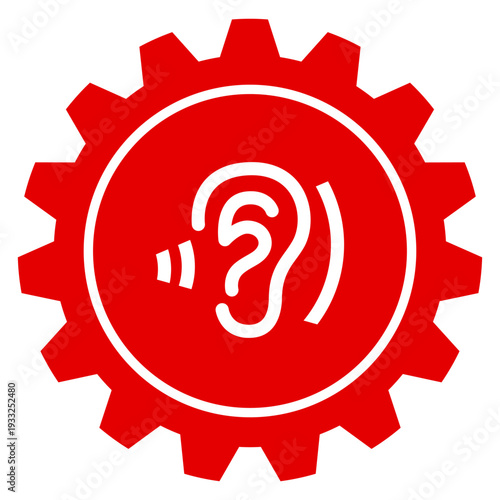 Rotes Zahnrad Symbol für Einstellungen und Barrierefreiheit mit weißem Ohr als Grafik für Hören und Akustik transparent png Vektor Illustration