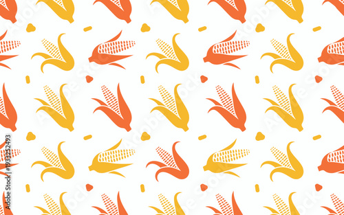 Seamless pattern of orange and yellow corn cobs with scattered kernels and abstract shapes