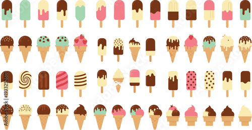 Ice Cream Collection Vector Set with Popsicles Cones Chocolate Vanilla Strawberry and Colorful Frozen Desserts