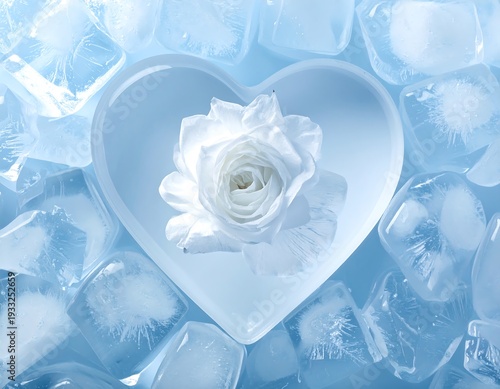 A delicate white rose rests within a frosted heart, surrounded by cool, translucent ice cubes. The arrangement suggests purity
