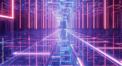 Vibrant neon-lit futuristic corridor with dynamic pink and blue lights