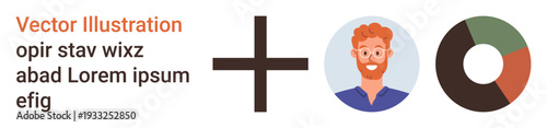Business analytics, data visualization, teamwork, mathematical concepts, user , education. Avatar of a bearded man, plus symbol pie chart. Business analytics and data visualization concept
