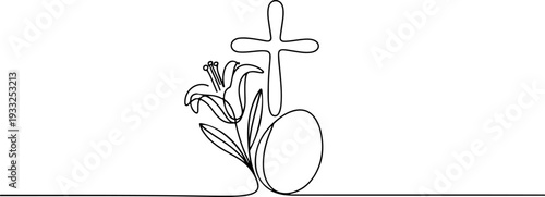 Easter celebration with cross, flowers, and egg in simple line art illustration