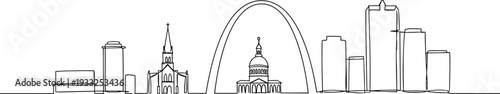 St. Louis skyline line art, Gateway Arch illustration, urban cityscape drawing, architectural landmarks sketch, Missouri travel design, minimal vector outline, USA famous buildings