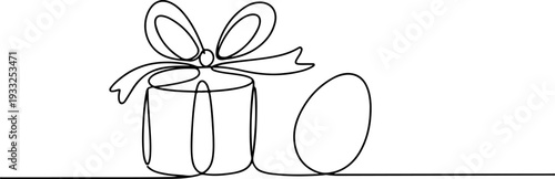 Continuous line drawing of gift box with ribbon and stone on edge