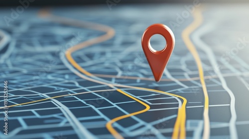 3D Red Map Pin on a Blurred Digital Map with Orange Highlighted Route, Precision Targeting, Navigation, Search, Location, Discovery, GPS
