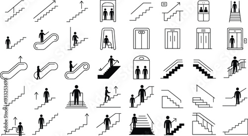 Stairs escalator elevator icons, people climbing stairs, walking up escalator, elevator doors, upward movement symbols, vector design, building access signs